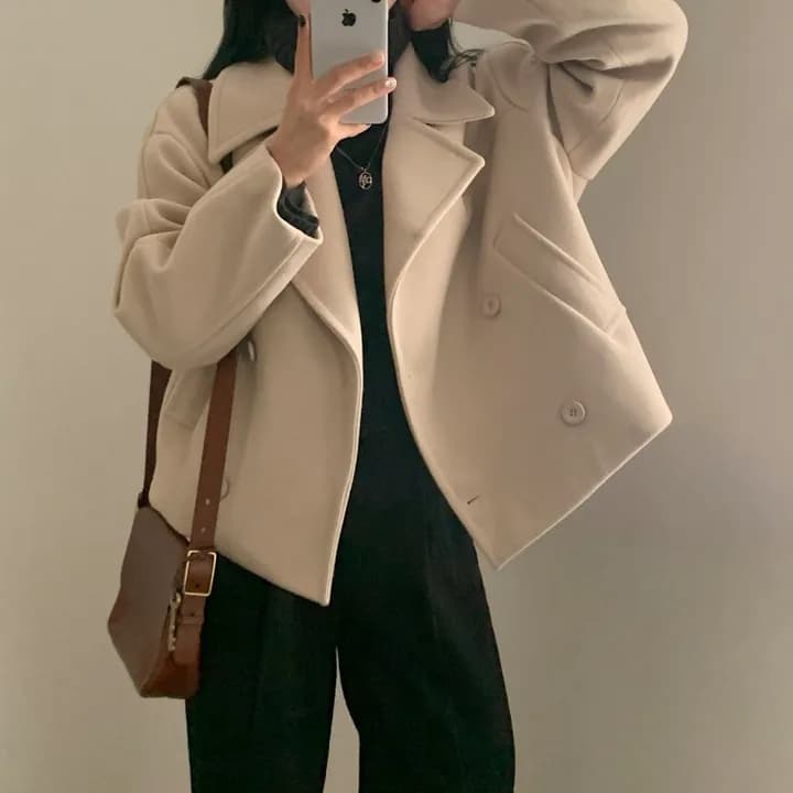 chic 한국 스타일 겨울 레트로 영국식 고급 센스 폴로 칼라 이중 버튼 쇼트 스타일 다용도 모직 재킷 재킷 상세 이미지 4