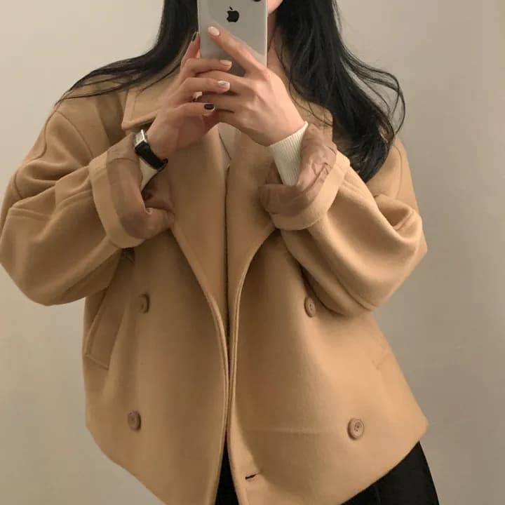 chic 한국 스타일 겨울 레트로 영국식 고급 센스 폴로 칼라 이중 버튼 쇼트 스타일 다용도 모직 재킷 재킷 상세 이미지 20