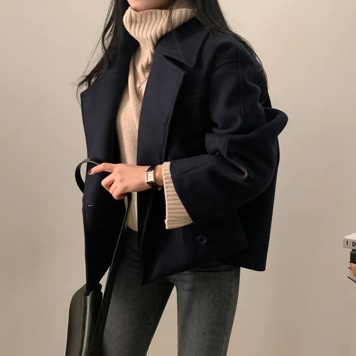 chic 한국 스타일 겨울 레트로 영국식 고급 센스 폴로 칼라 이중 버튼 쇼트 스타일 다용도 모직 재킷 재킷 상세 이미지 24