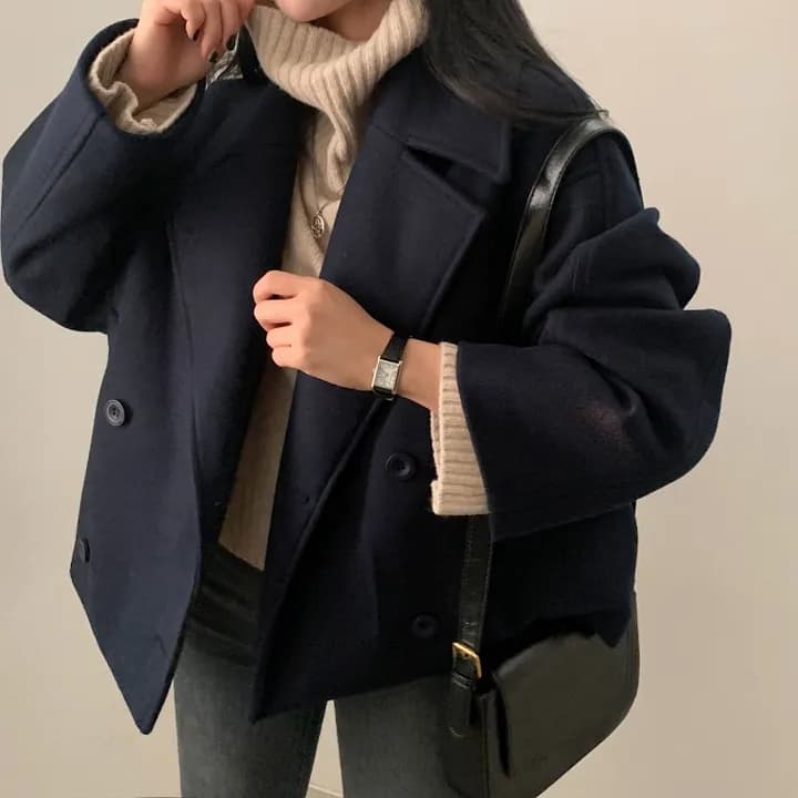 chic 한국 스타일 겨울 레트로 영국식 고급 센스 폴로 칼라 이중 버튼 쇼트 스타일 다용도 모직 재킷 재킷 상세 이미지 26