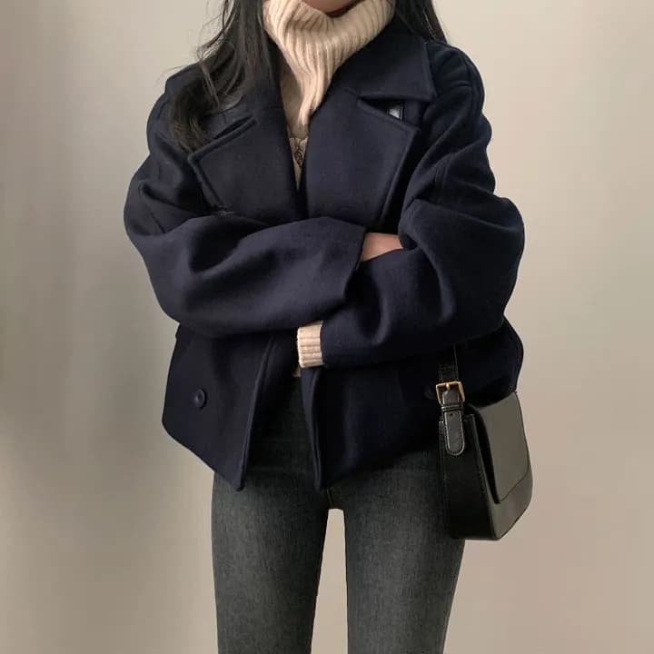 chic 한국 스타일 겨울 레트로 영국식 고급 센스 폴로 칼라 이중 버튼 쇼트 스타일 다용도 모직 재킷 재킷 상세 이미지 27