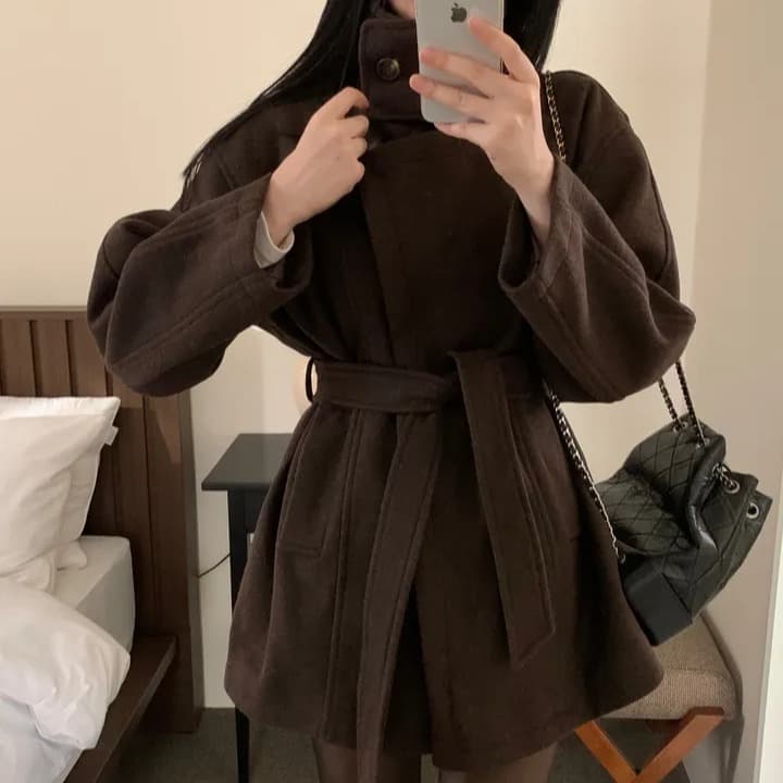 chic 한국 스타일 겨울 패션 레트로 터틀넥 영국식 레이스업 허리 수축 캐주얼 모직 바람막이 외투 이미지 3