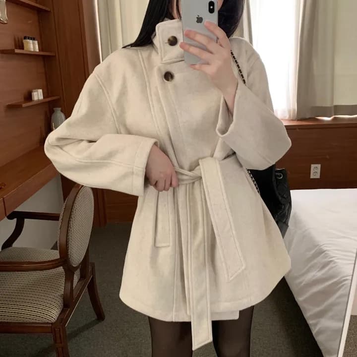 chic 한국 스타일 겨울 패션 레트로 터틀넥 영국식 레이스업 허리 수축 캐주얼 모직 바람막이 외투