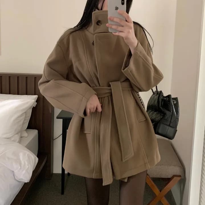chic 한국 스타일 겨울 패션 레트로 터틀넥 영국식 레이스업 허리 수축 캐주얼 모직 바람막이 외투 상세 이미지 1
