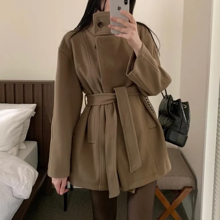 chic 한국 스타일 겨울 패션 레트로 터틀넥 영국식 레이스업 허리 수축 캐주얼 모직 바람막이 외투 상세 이미지 2