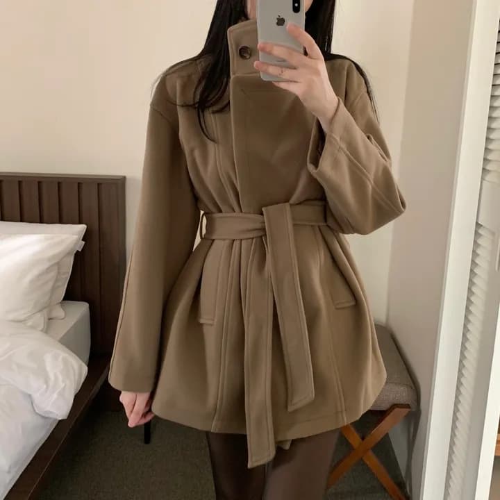 chic 한국 스타일 겨울 패션 레트로 터틀넥 영국식 레이스업 허리 수축 캐주얼 모직 바람막이 외투 상세 이미지 3