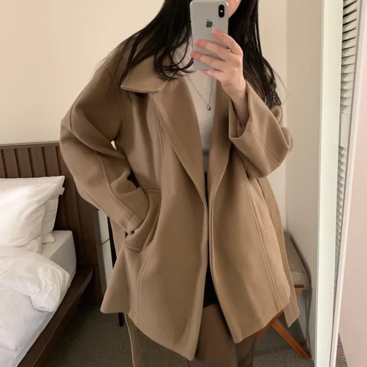 chic 한국 스타일 겨울 패션 레트로 터틀넥 영국식 레이스업 허리 수축 캐주얼 모직 바람막이 외투 상세 이미지 4