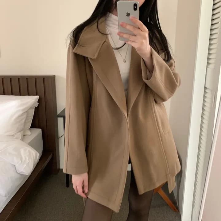 chic 한국 스타일 겨울 패션 레트로 터틀넥 영국식 레이스업 허리 수축 캐주얼 모직 바람막이 외투 상세 이미지 6