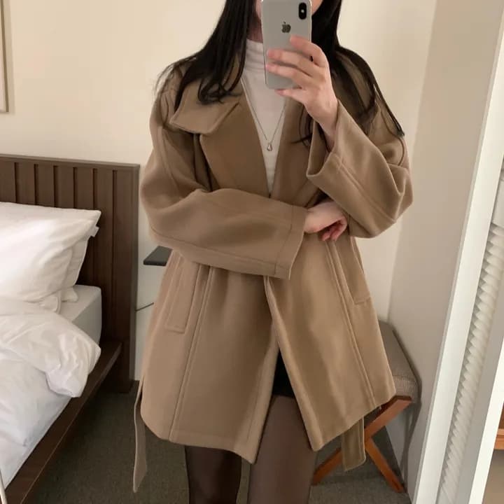 chic 한국 스타일 겨울 패션 레트로 터틀넥 영국식 레이스업 허리 수축 캐주얼 모직 바람막이 외투 상세 이미지 7