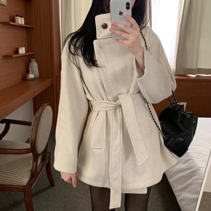 chic 한국 스타일 겨울 패션 레트로 터틀넥 영국식 레이스업 허리 수축 캐주얼 모직 바람막이 외투 상세 이미지 8