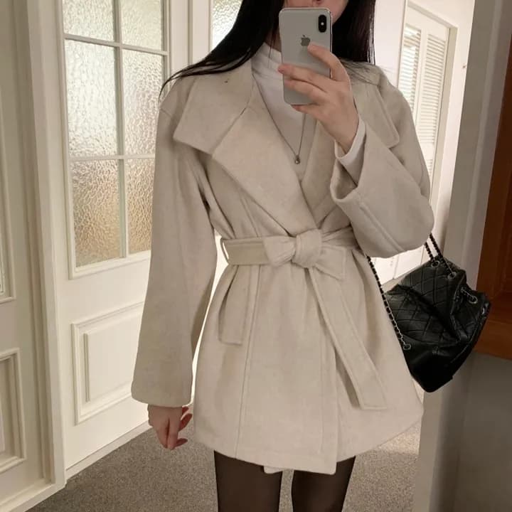 chic 한국 스타일 겨울 패션 레트로 터틀넥 영국식 레이스업 허리 수축 캐주얼 모직 바람막이 외투 상세 이미지 9