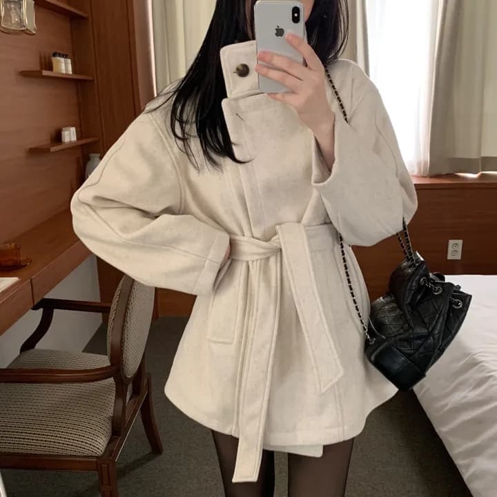 chic 한국 스타일 겨울 패션 레트로 터틀넥 영국식 레이스업 허리 수축 캐주얼 모직 바람막이 외투 상세 이미지 10