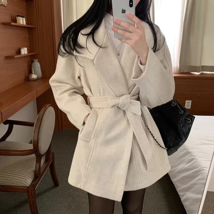 chic 한국 스타일 겨울 패션 레트로 터틀넥 영국식 레이스업 허리 수축 캐주얼 모직 바람막이 외투 상세 이미지 11