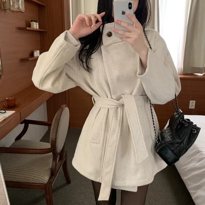 chic 한국 스타일 겨울 패션 레트로 터틀넥 영국식 레이스업 허리 수축 캐주얼 모직 바람막이 외투 상세 이미지 13