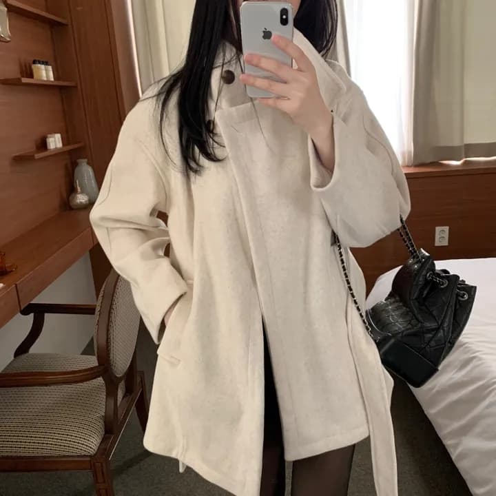 chic 한국 스타일 겨울 패션 레트로 터틀넥 영국식 레이스업 허리 수축 캐주얼 모직 바람막이 외투 상세 이미지 14