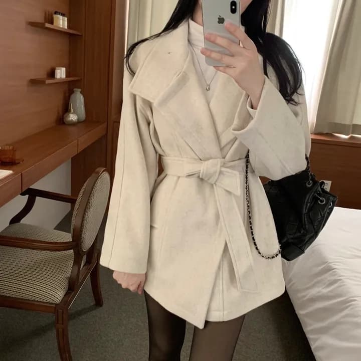 chic 한국 스타일 겨울 패션 레트로 터틀넥 영국식 레이스업 허리 수축 캐주얼 모직 바람막이 외투 상세 이미지 15