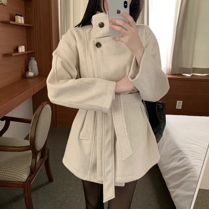 chic 한국 스타일 겨울 패션 레트로 터틀넥 영국식 레이스업 허리 수축 캐주얼 모직 바람막이 외투 상세 이미지 16