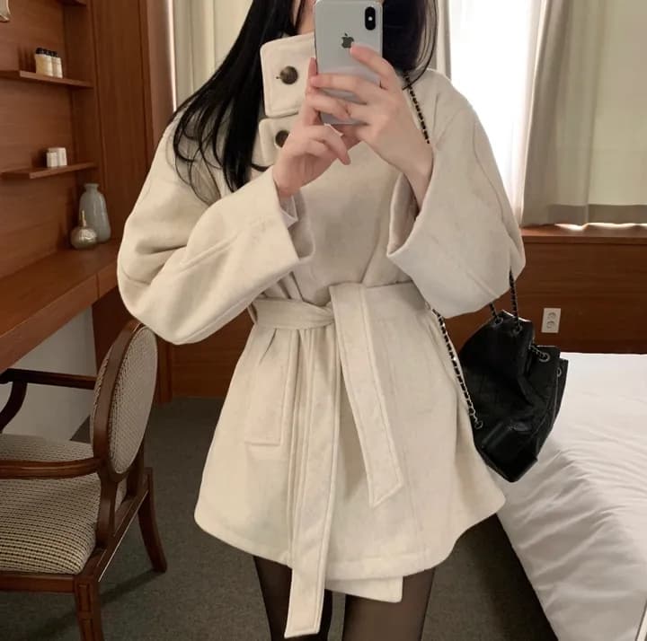 chic 한국 스타일 겨울 패션 레트로 터틀넥 영국식 레이스업 허리 수축 캐주얼 모직 바람막이 외투 상세 이미지 18