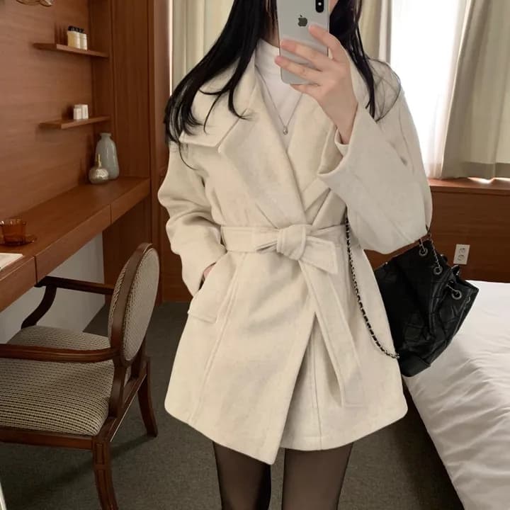 chic 한국 스타일 겨울 패션 레트로 터틀넥 영국식 레이스업 허리 수축 캐주얼 모직 바람막이 외투 상세 이미지 19