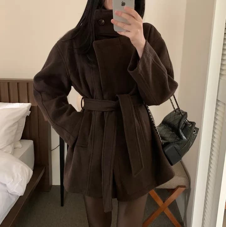 chic 한국 스타일 겨울 패션 레트로 터틀넥 영국식 레이스업 허리 수축 캐주얼 모직 바람막이 외투 상세 이미지 22