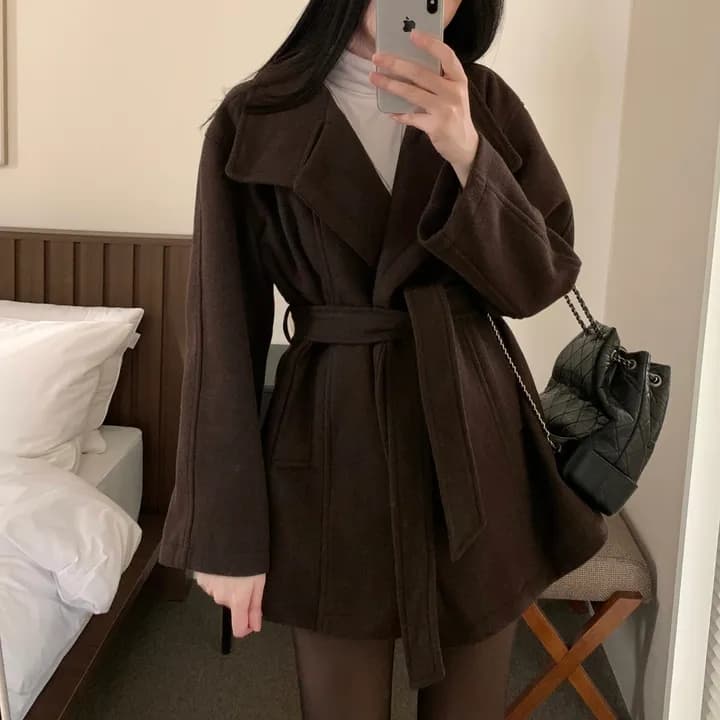 chic 한국 스타일 겨울 패션 레트로 터틀넥 영국식 레이스업 허리 수축 캐주얼 모직 바람막이 외투 상세 이미지 23
