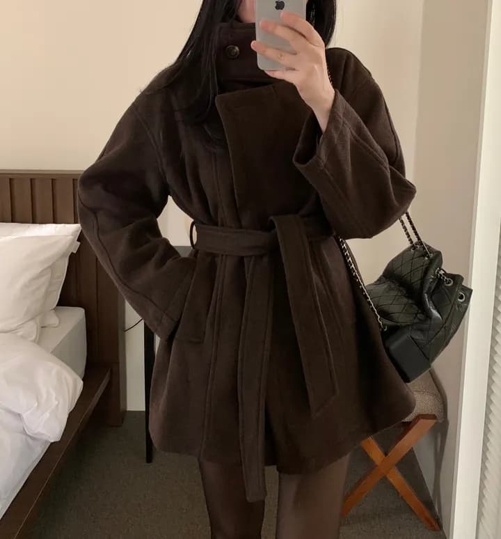 chic 한국 스타일 겨울 패션 레트로 터틀넥 영국식 레이스업 허리 수축 캐주얼 모직 바람막이 외투 상세 이미지 24