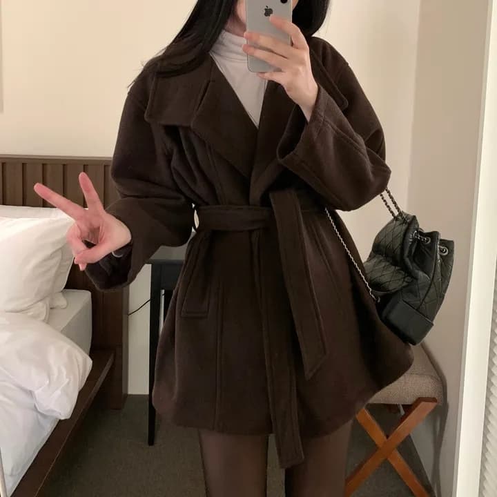 chic 한국 스타일 겨울 패션 레트로 터틀넥 영국식 레이스업 허리 수축 캐주얼 모직 바람막이 외투 상세 이미지 25