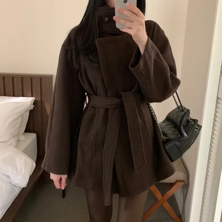 chic 한국 스타일 겨울 패션 레트로 터틀넥 영국식 레이스업 허리 수축 캐주얼 모직 바람막이 외투 상세 이미지 26