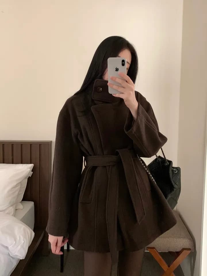 chic 한국 스타일 겨울 패션 레트로 터틀넥 영국식 레이스업 허리 수축 캐주얼 모직 바람막이 외투 상세 이미지 27