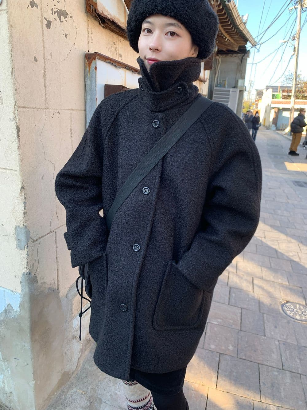 chic 한 부서 겨울 부드러운 패션 스탠드 칼라 보온 솜을 넣은 두꺼운 서클 뭐라구? 모직 바람막이 외투 상세 이미지 36