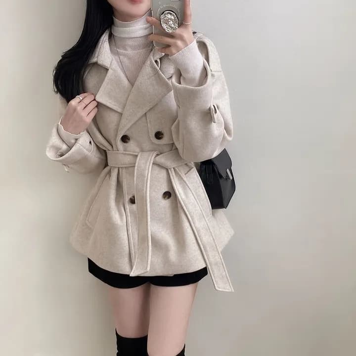 chic 한국 스타일 겨울 프랑스식 작은 대중 품격 영국식 레트로 이중 버튼 레이스업 모직 바람막이 외투 상세 이미지 9