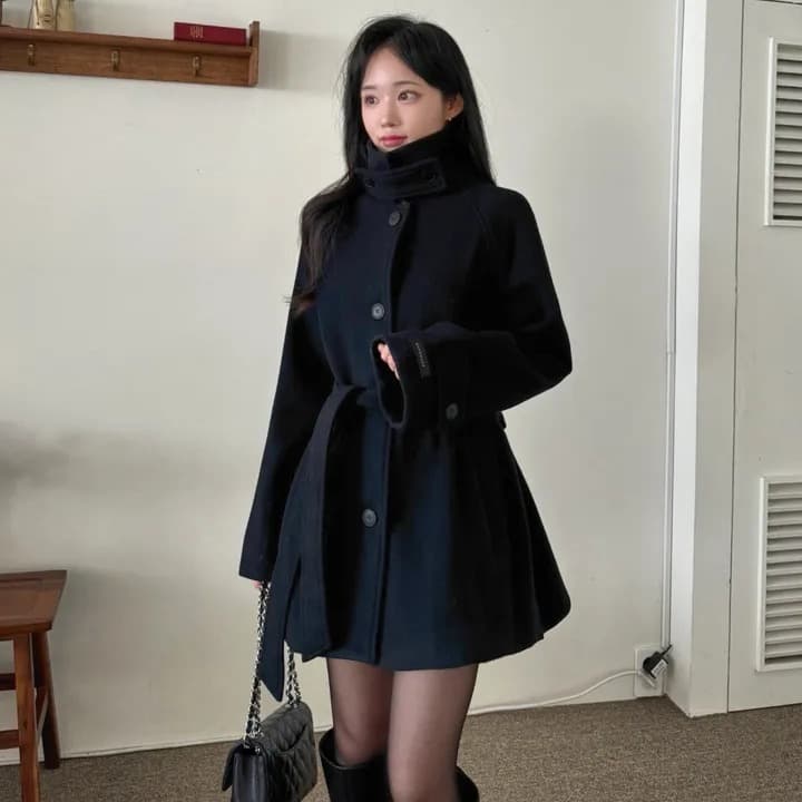 chic 한국 겨울 프랑스식 품격 터틀넥 보온 싱글 줄 버튼 레이스업 허리 수축 루즈핏 모직 외투 이미지 3