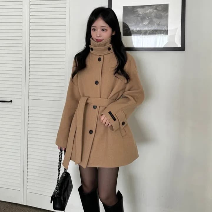 chic 한국 겨울 프랑스식 품격 터틀넥 보온 싱글 줄 버튼 레이스업 허리 수축 루즈핏 모직 외투