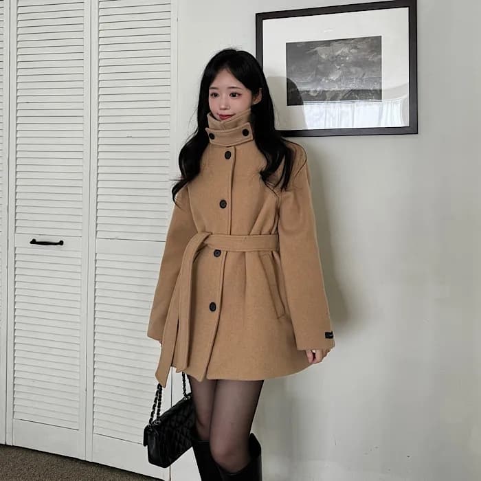 chic 한국 겨울 프랑스식 품격 터틀넥 보온 싱글 줄 버튼 레이스업 허리 수축 루즈핏 모직 외투 이미지 2