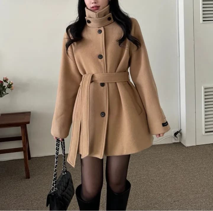 chic 한국 겨울 프랑스식 품격 터틀넥 보온 싱글 줄 버튼 레이스업 허리 수축 루즈핏 모직 외투 상세 이미지 2