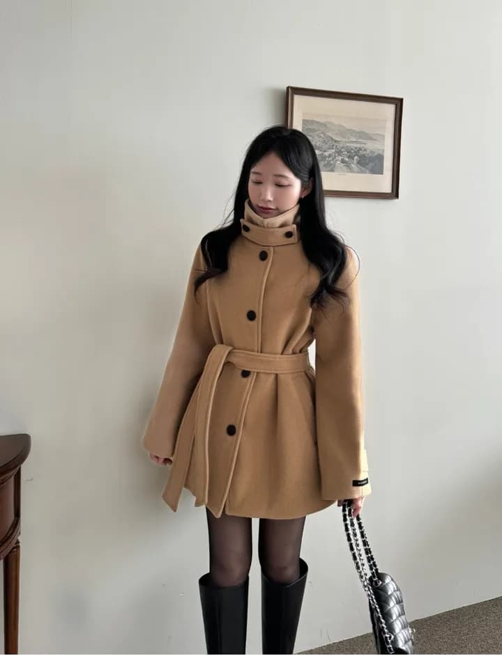 chic 한국 겨울 프랑스식 품격 터틀넥 보온 싱글 줄 버튼 레이스업 허리 수축 루즈핏 모직 외투 상세 이미지 3