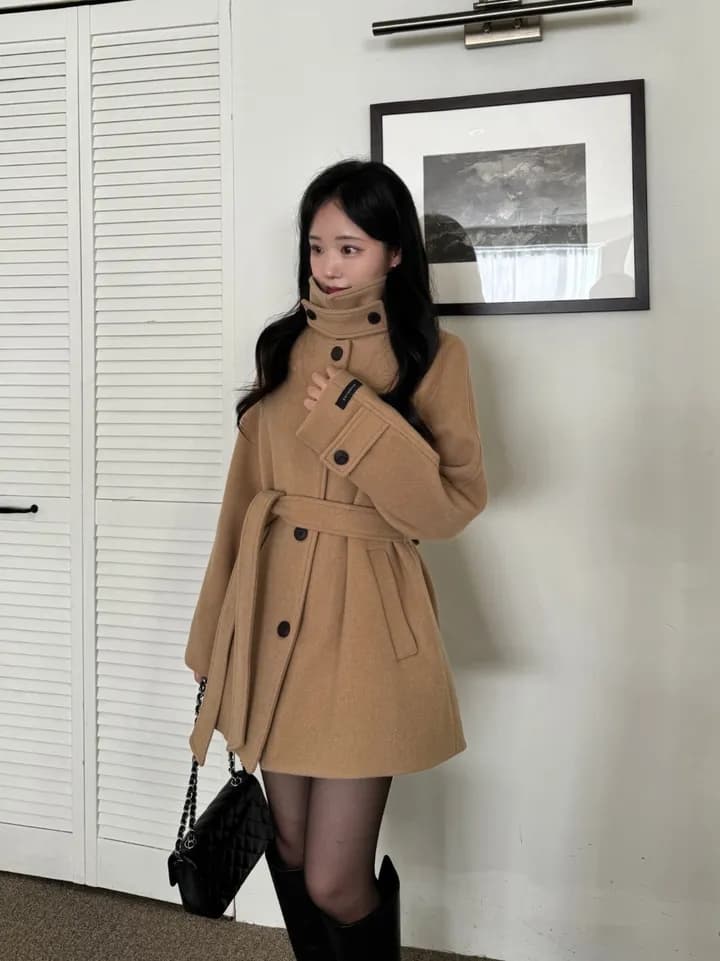 chic 한국 겨울 프랑스식 품격 터틀넥 보온 싱글 줄 버튼 레이스업 허리 수축 루즈핏 모직 외투 상세 이미지 4