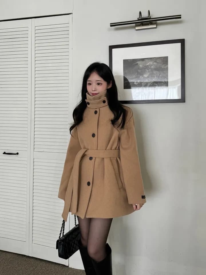 chic 한국 겨울 프랑스식 품격 터틀넥 보온 싱글 줄 버튼 레이스업 허리 수축 루즈핏 모직 외투 상세 이미지 5