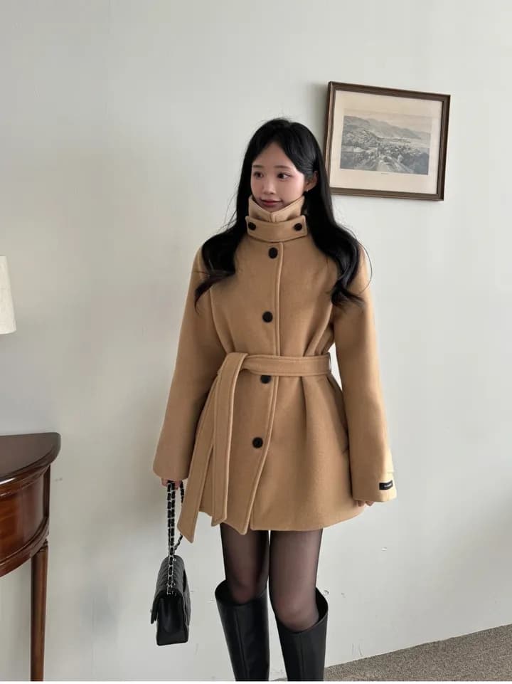 chic 한국 겨울 프랑스식 품격 터틀넥 보온 싱글 줄 버튼 레이스업 허리 수축 루즈핏 모직 외투 상세 이미지 6