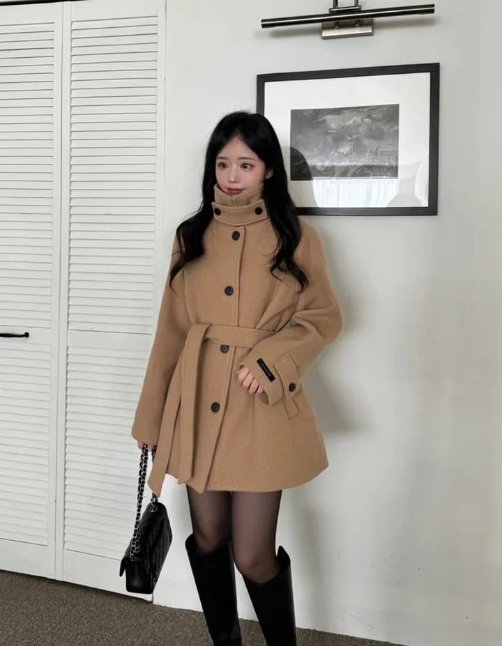 chic 한국 겨울 프랑스식 품격 터틀넥 보온 싱글 줄 버튼 레이스업 허리 수축 루즈핏 모직 외투 상세 이미지 7
