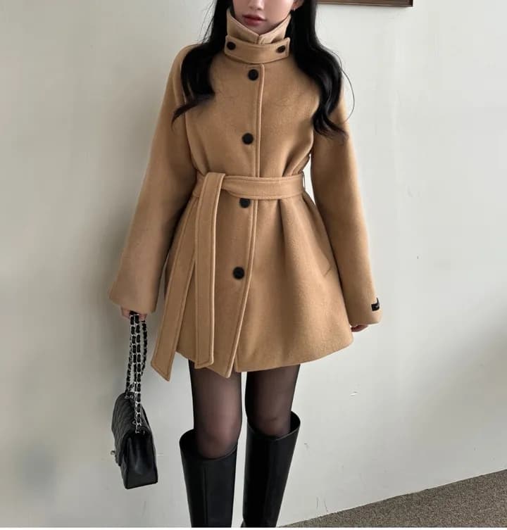chic 한국 겨울 프랑스식 품격 터틀넥 보온 싱글 줄 버튼 레이스업 허리 수축 루즈핏 모직 외투 상세 이미지 9