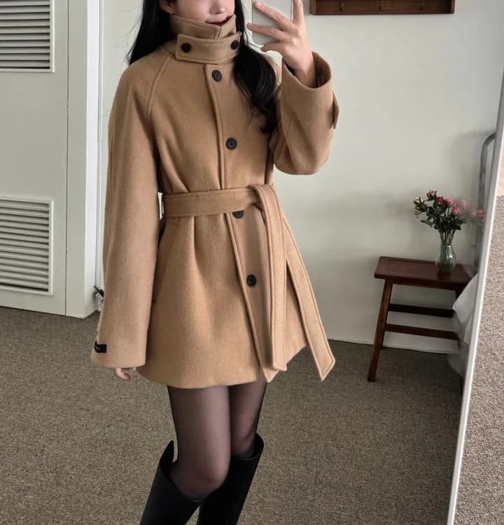 chic 한국 겨울 프랑스식 품격 터틀넥 보온 싱글 줄 버튼 레이스업 허리 수축 루즈핏 모직 외투 상세 이미지 10