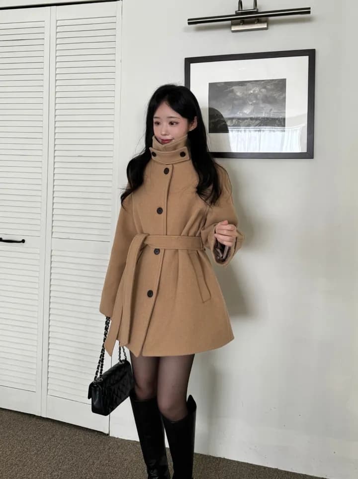 chic 한국 겨울 프랑스식 품격 터틀넥 보온 싱글 줄 버튼 레이스업 허리 수축 루즈핏 모직 외투 상세 이미지 11