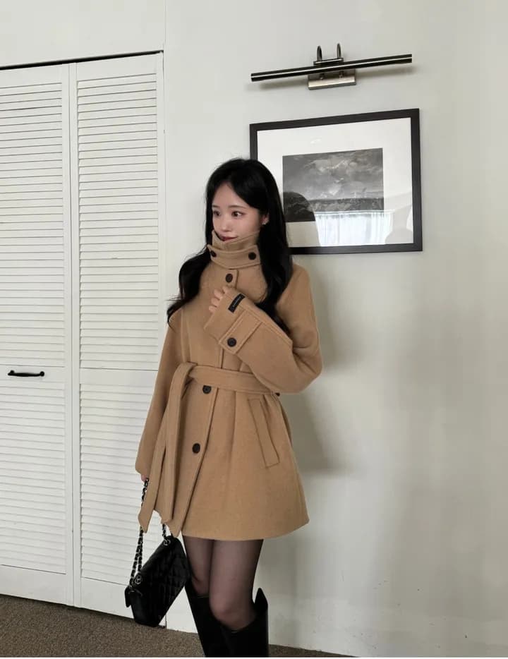 chic 한국 겨울 프랑스식 품격 터틀넥 보온 싱글 줄 버튼 레이스업 허리 수축 루즈핏 모직 외투 상세 이미지 12