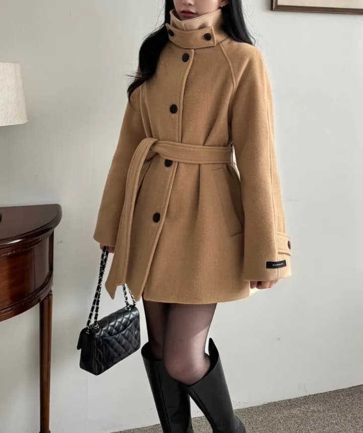 chic 한국 겨울 프랑스식 품격 터틀넥 보온 싱글 줄 버튼 레이스업 허리 수축 루즈핏 모직 외투 상세 이미지 13