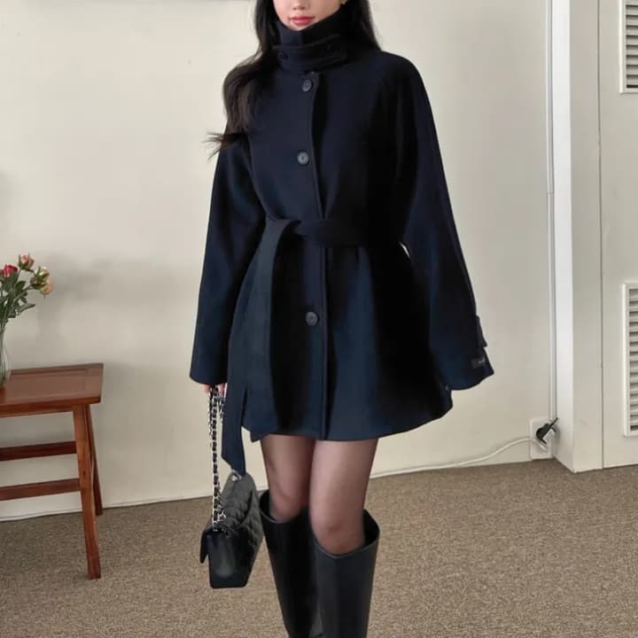 chic 한국 겨울 프랑스식 품격 터틀넥 보온 싱글 줄 버튼 레이스업 허리 수축 루즈핏 모직 외투 상세 이미지 14
