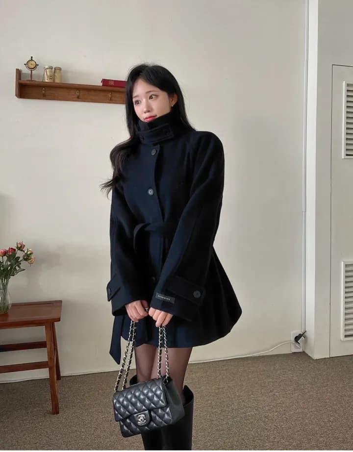 chic 한국 겨울 프랑스식 품격 터틀넥 보온 싱글 줄 버튼 레이스업 허리 수축 루즈핏 모직 외투 상세 이미지 15