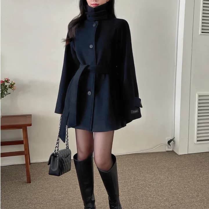 chic 한국 겨울 프랑스식 품격 터틀넥 보온 싱글 줄 버튼 레이스업 허리 수축 루즈핏 모직 외투 상세 이미지 17