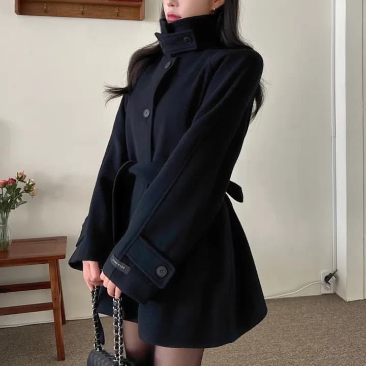 chic 한국 겨울 프랑스식 품격 터틀넥 보온 싱글 줄 버튼 레이스업 허리 수축 루즈핏 모직 외투 상세 이미지 18