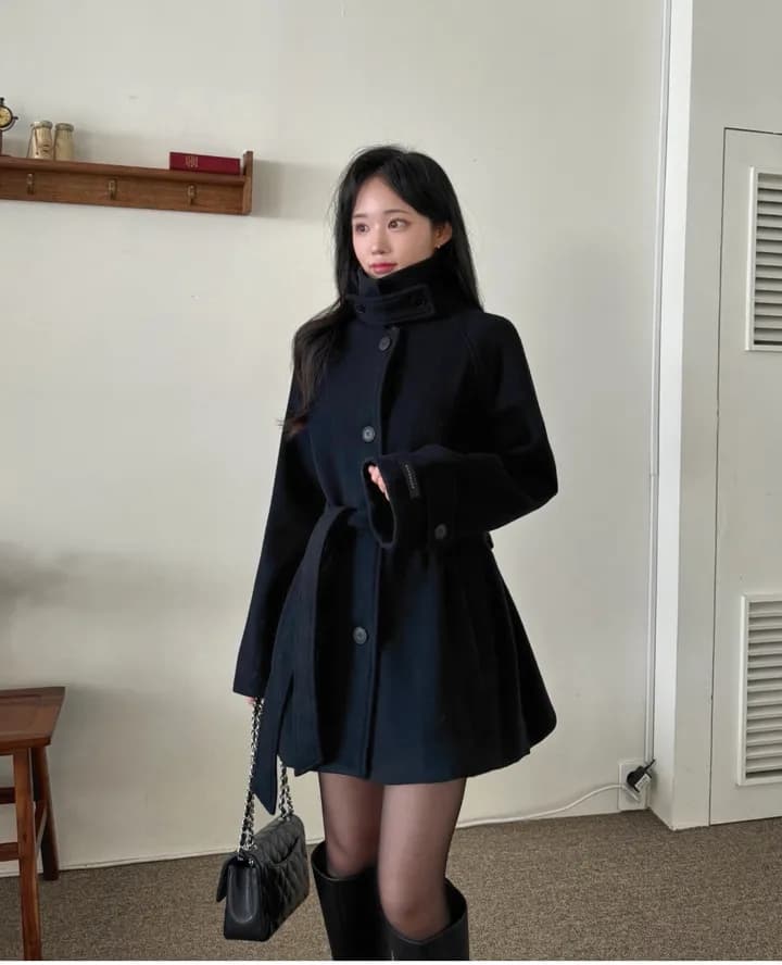 chic 한국 겨울 프랑스식 품격 터틀넥 보온 싱글 줄 버튼 레이스업 허리 수축 루즈핏 모직 외투 상세 이미지 19